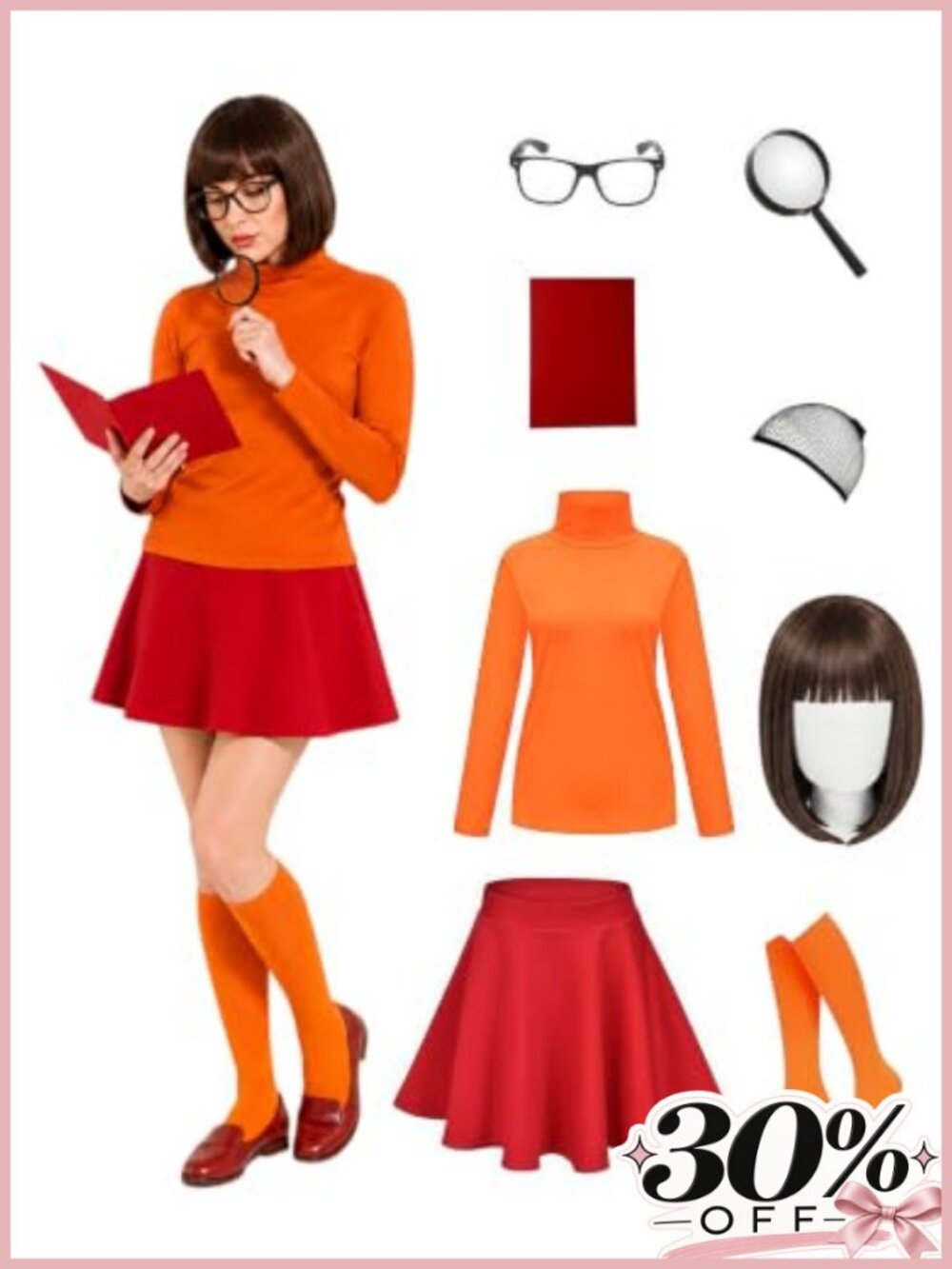 Women's Detective Halloween Costume Set 7pc Turtleneck Skirt Wig Adult X-Large